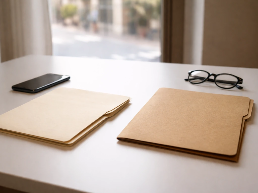 Minimal photo of an office desk with two blank record folders separated to suggest verifying two profiles