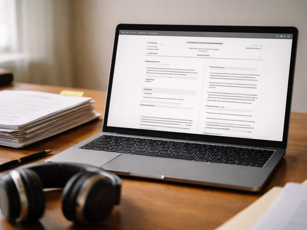 Close-up of a laptop showing a generic court docket-style page with headphones, papers, and office desk