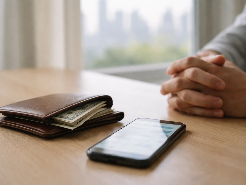 Minimal photo of an anonymous businessman’s desk with cash and a smartphone, symbolizing a net worth estimate range
