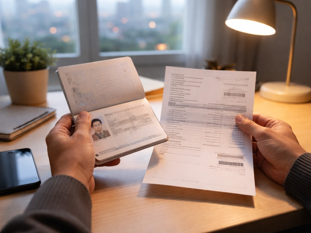 Anonymous person reviewing identity and residency documents in a tidy home office