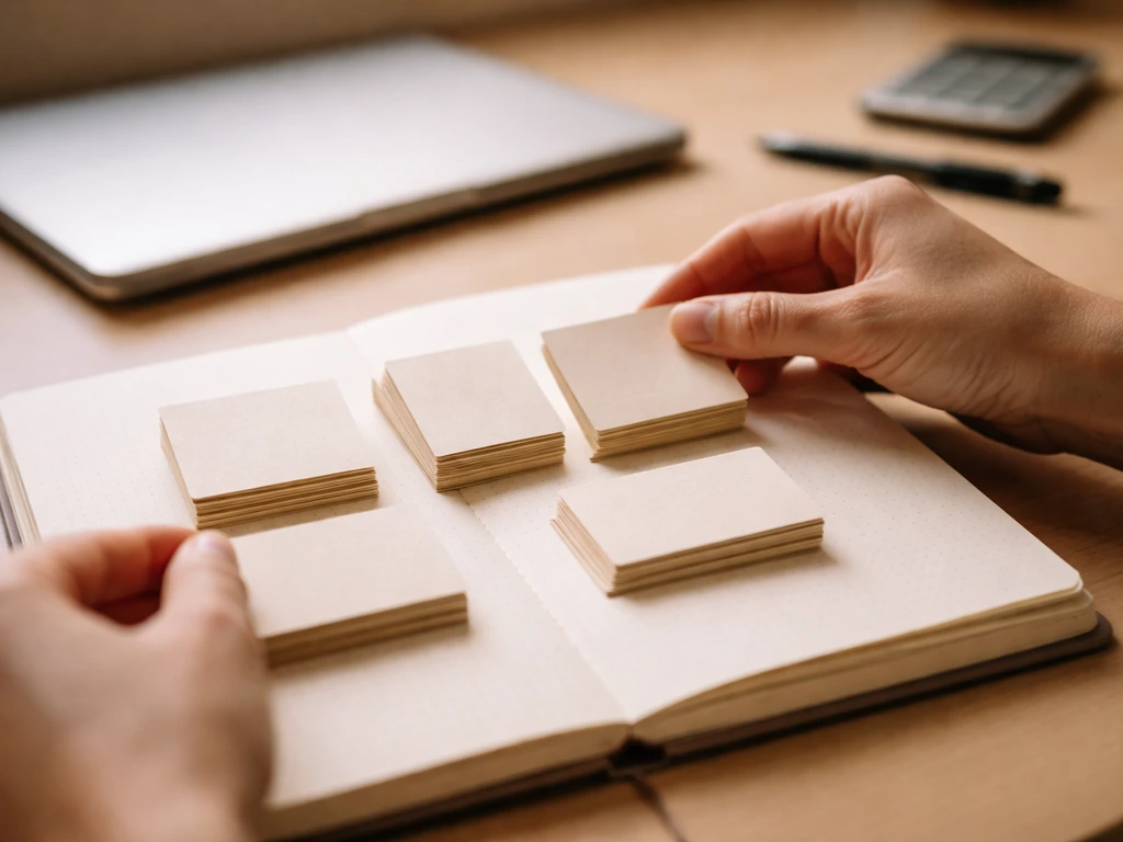 Hand arranging simple paper cards in a notebook beside a laptop, showing a step-by-step valuation workflow.
