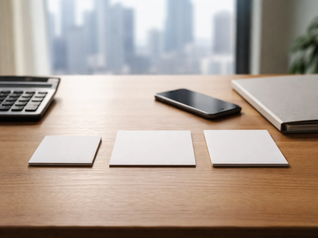 Minimal business desk with blank cards, calculator, and phone, symbolizing comparing net-worth estimates.