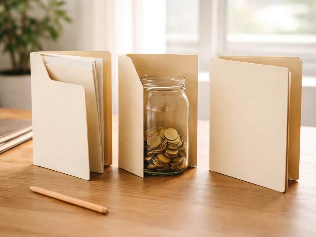 Unlabeled folders on a wooden desk with blank documents and coins, symbolizing assets, investments, and liabilities.