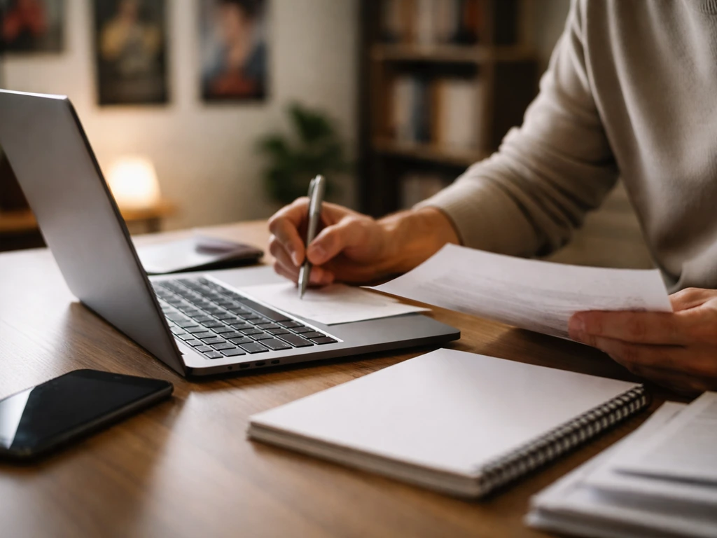 Close-up of a person reviewing film credit sources on a laptop with a notepad and pen.