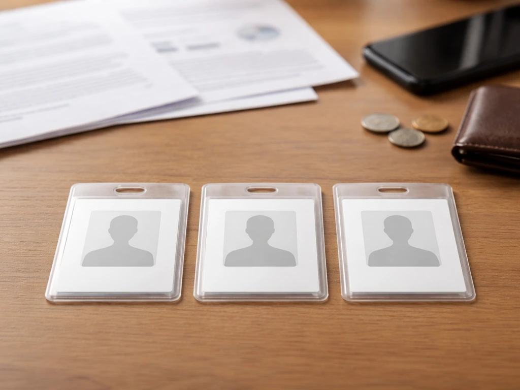 Three blank ID card sleeves side-by-side on a desk with coins and wallet, symbolizing identity verification for net wort