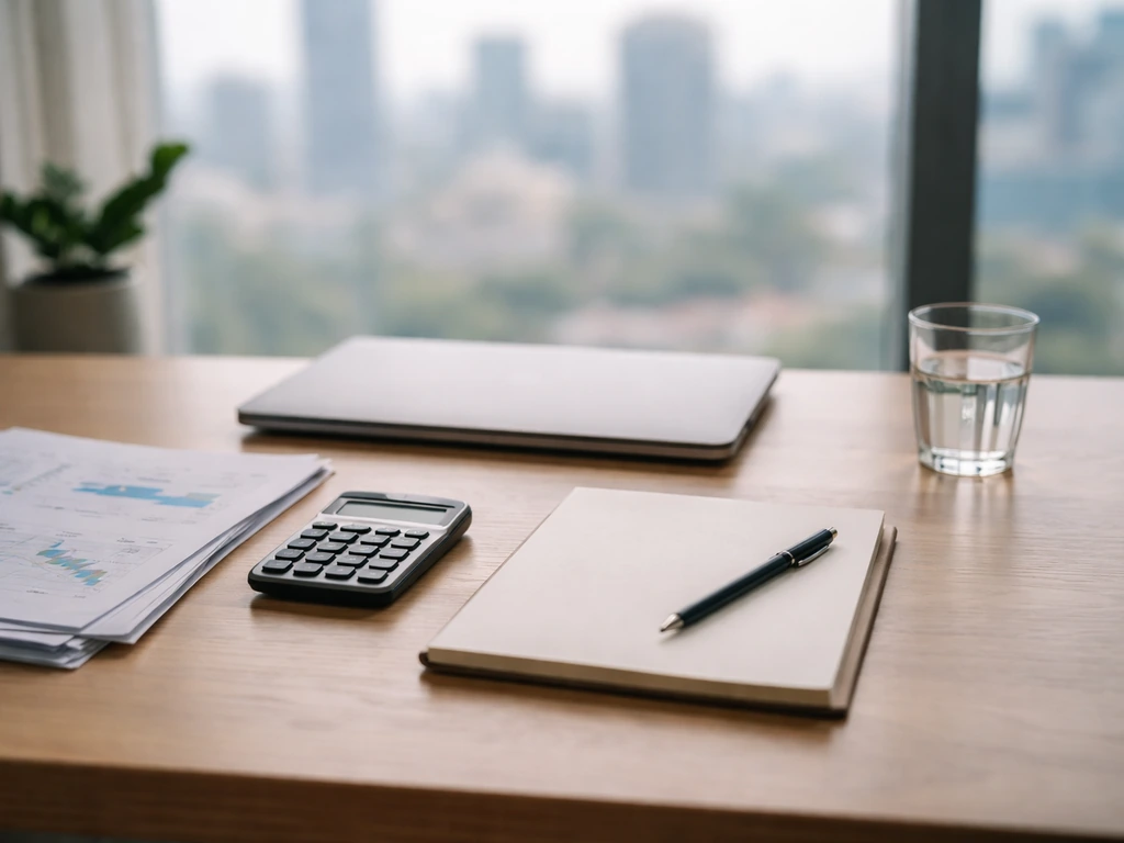 Minimal office desk scene with a notepad, calculator, and scattered documents symbolizing net-worth assumptions