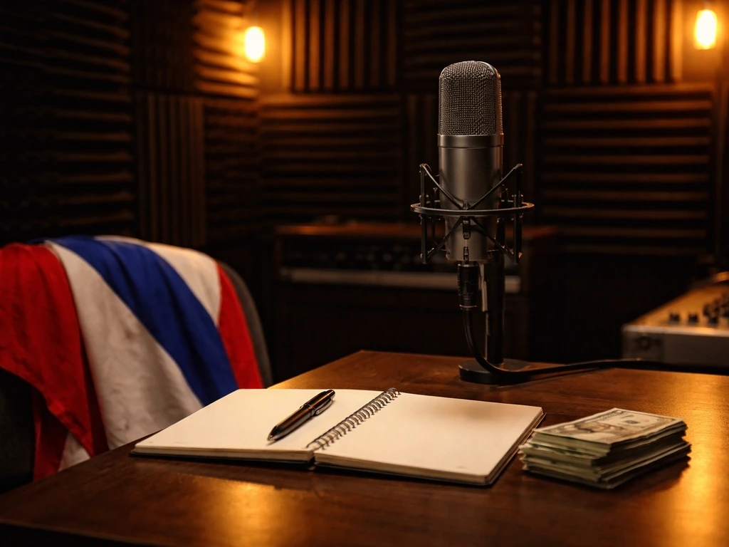 Puerto Rican salsa musician vibe: studio microphone and warm lights beside a set of cash-like props