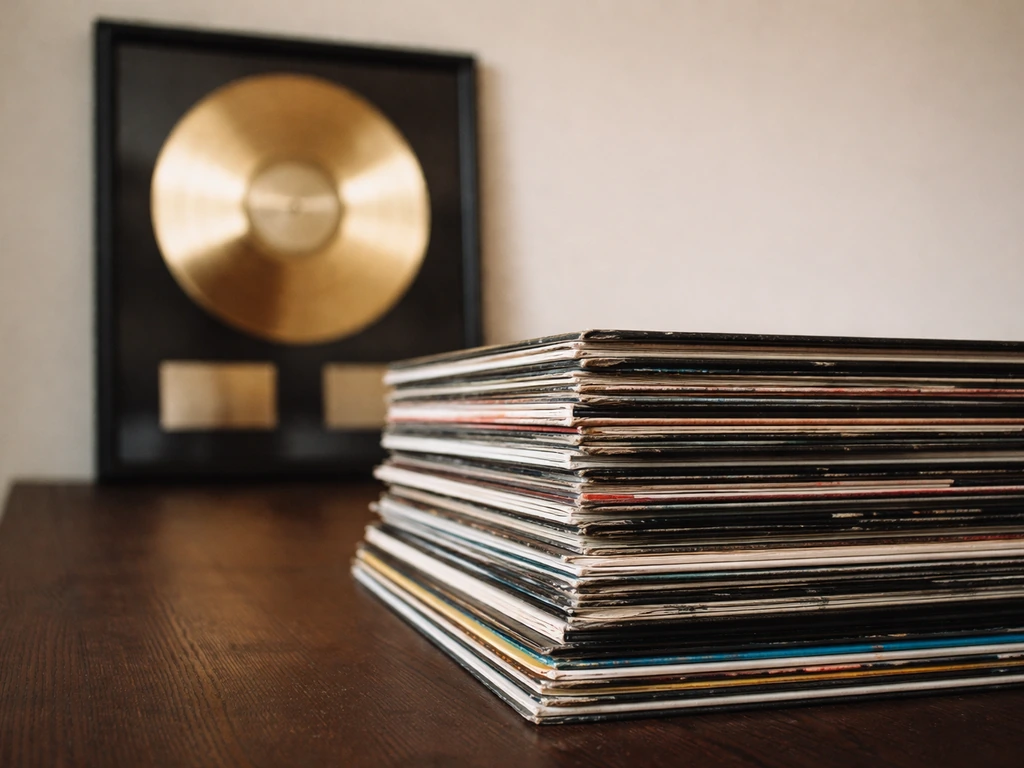 Close-up of a stack of vinyl records beside a simple gold and platinum award plaque in soft light.