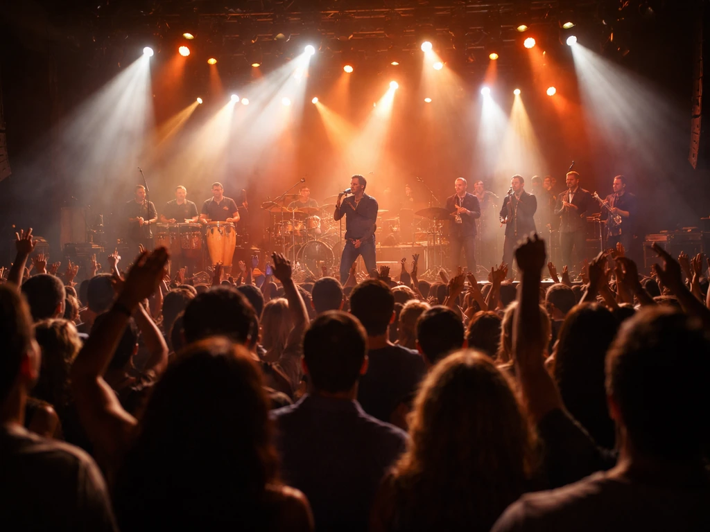 Live salsa concert scene with stage lights, band performing, and an attentive crowd in the foreground.