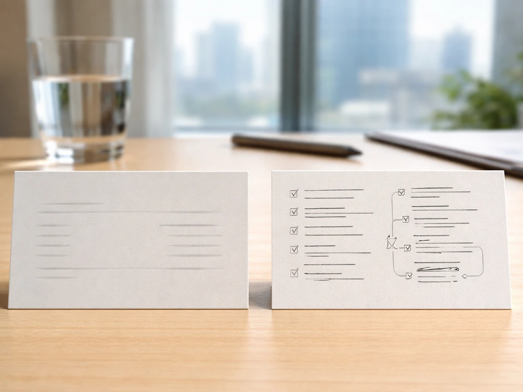 Close-up of two contrasting generic cards on a desk suggesting vague vs method-based net worth claims.