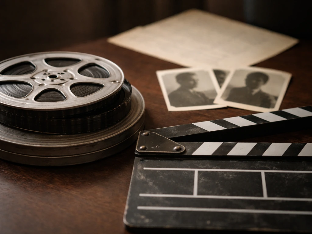 Vintage film reel and clapperboard on a desk with blurred 1960s movie photo prints in the background.