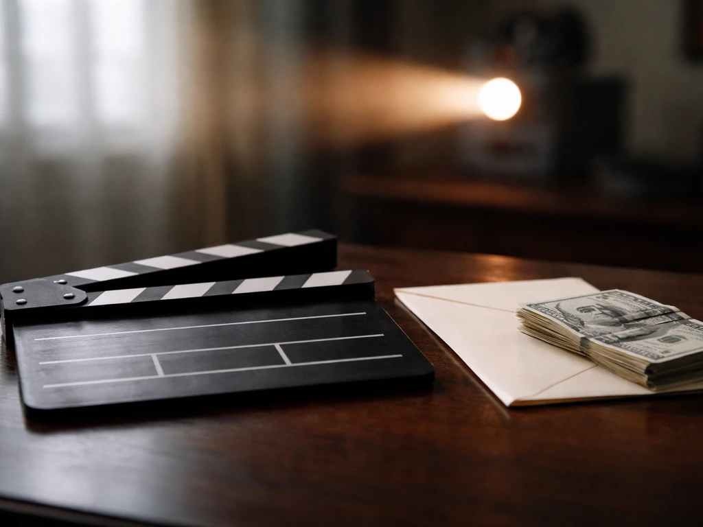 Vintage clapperboard on a desk with an envelope and cash, softly lit, hinting at 1960s film success.