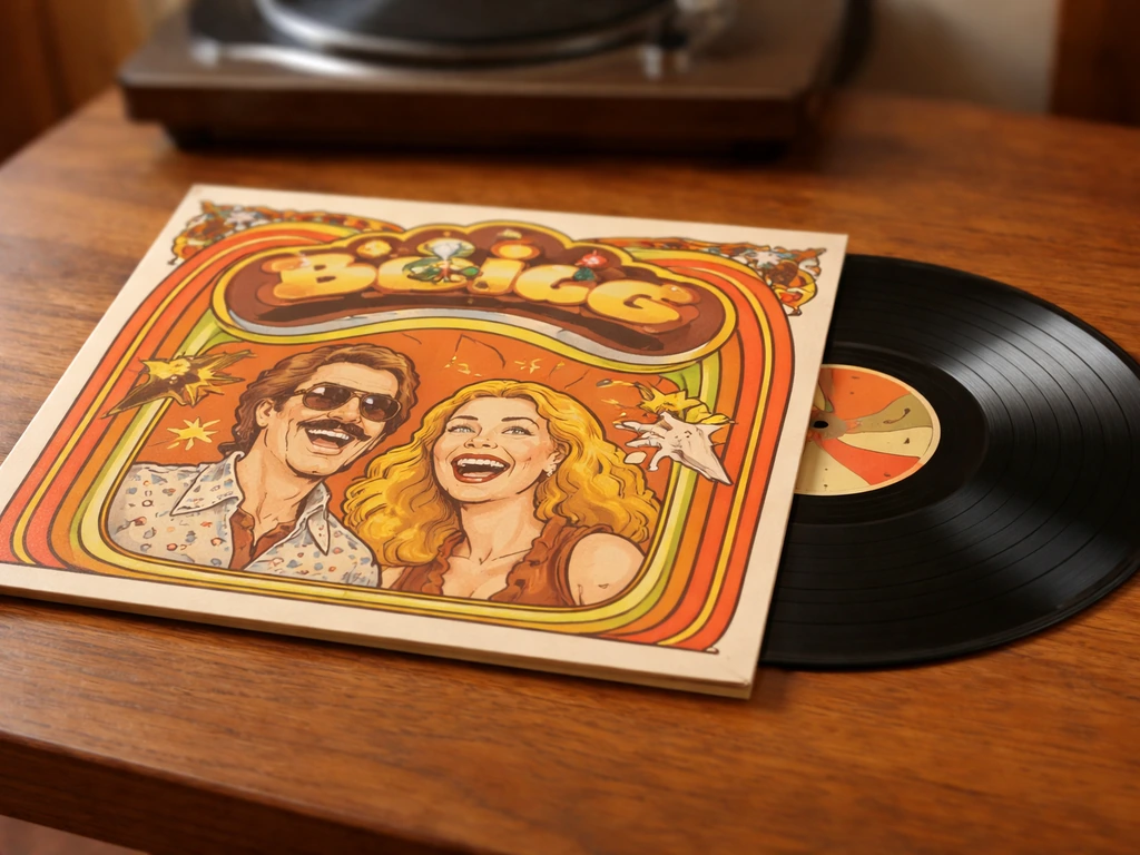 Close-up of vintage comedy record album sleeve labeled Heavy! era-style, next to a turntable in soft light