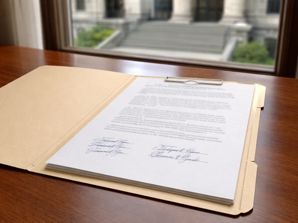 Open probate records folder on a desk with a blurred courthouse backdrop for verification context.