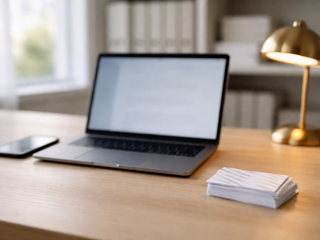 Minimal office desk with laptop and cards, symbolizing matching the correct business profile.