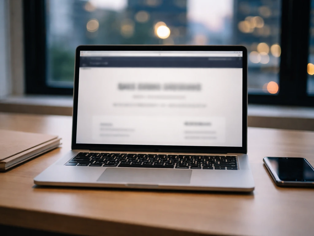 Office desk with an open laptop showing a blurred net-worth estimate webpage, no readable text.