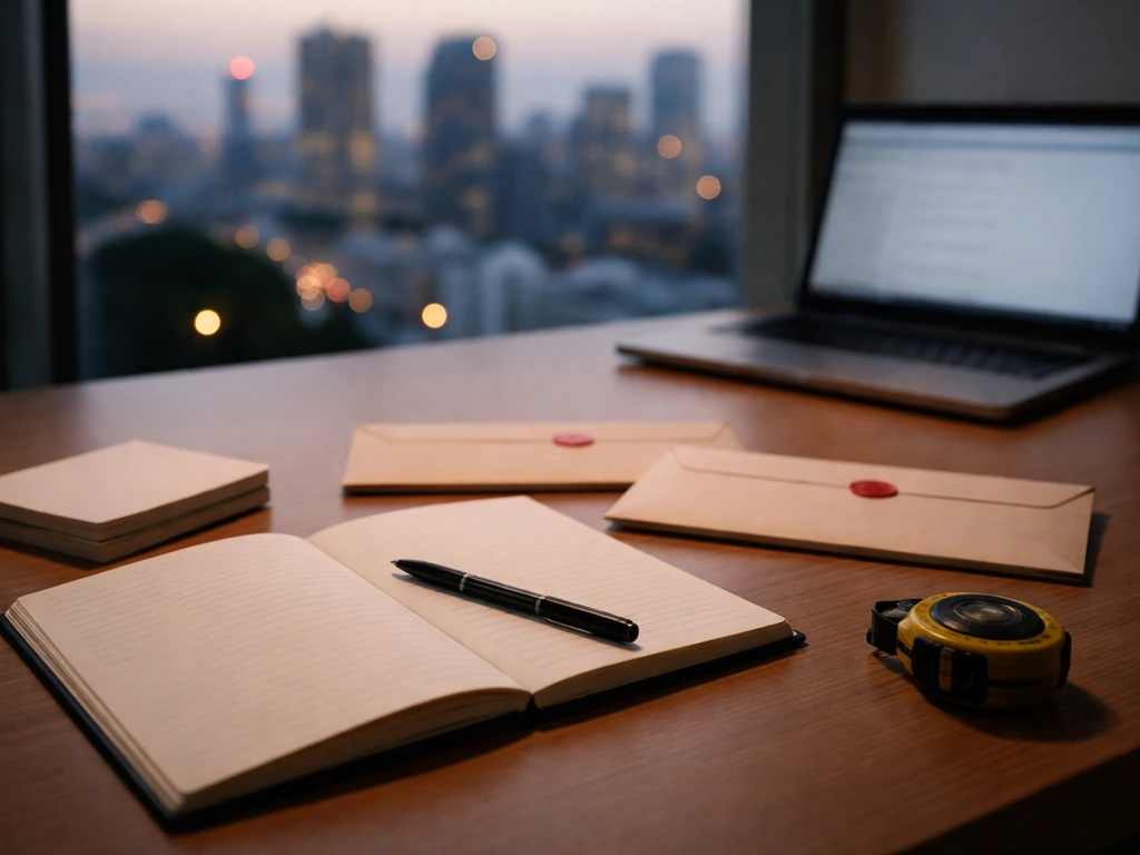Minimal finance desk with open notebook and envelopes, symbolizing uncertain net worth ranges.