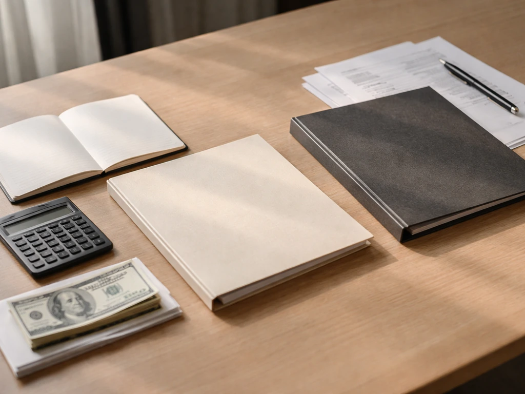 Minimal desk scene with a calculator, cash envelope, and folders symbolizing net worth assets minus liabilities.