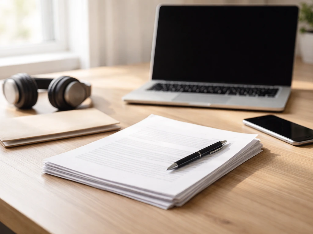 Minimal desk scene with documents, a laptop, and a pen suggesting due diligence checks