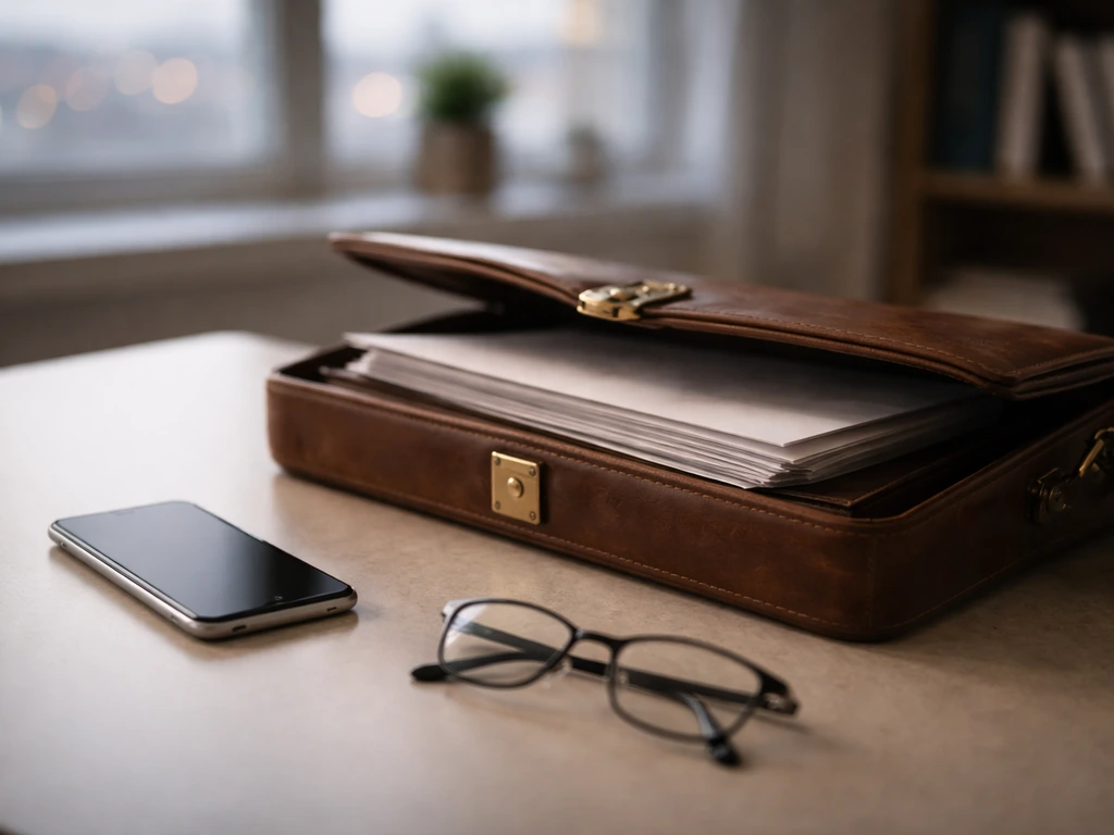 Minimal photo of a business briefcase and documents on a desk beside a smartphone, symbolizing net worth research.
