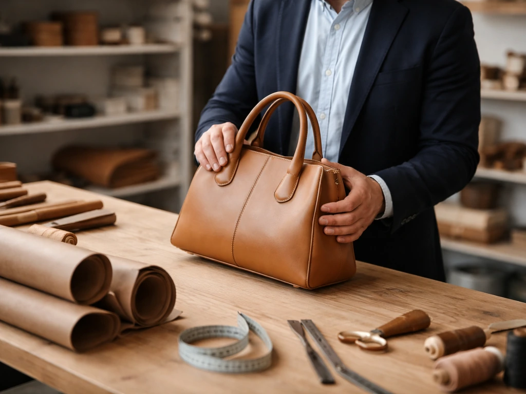 Anonymous businessman in a minimal leather workshop, inspecting a handbag on a workbench