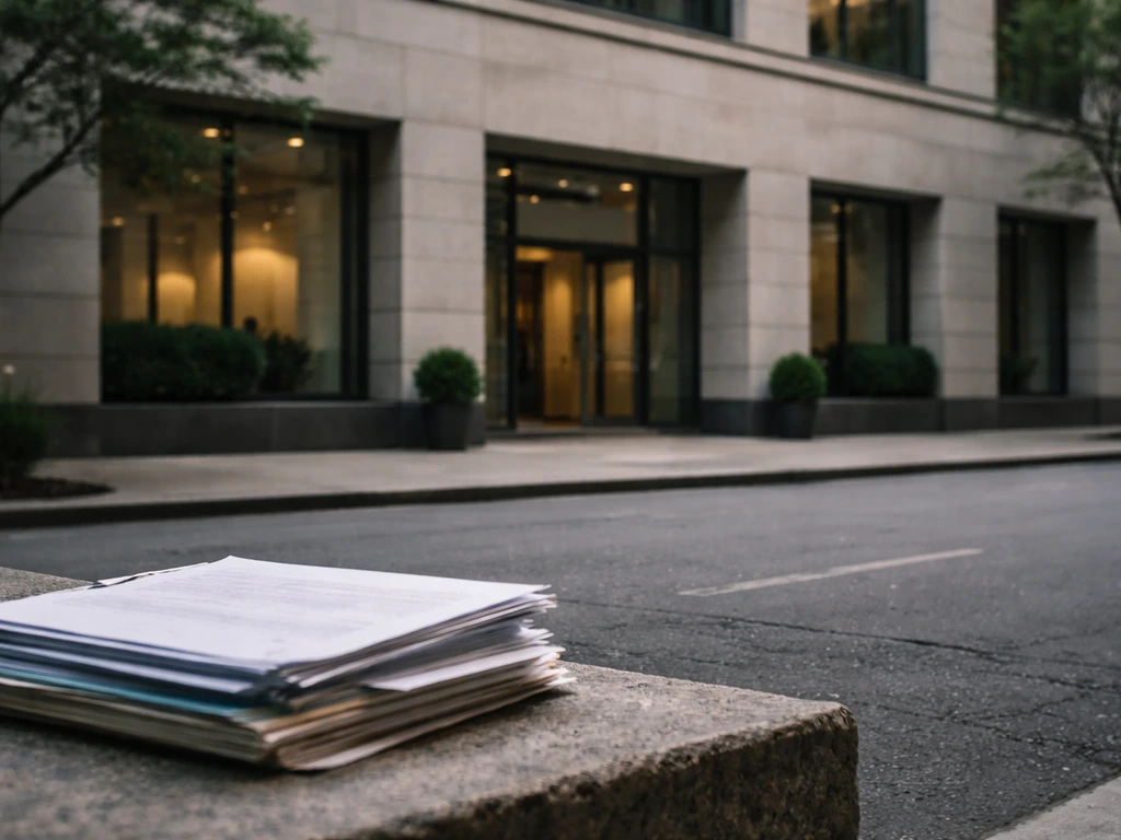 Street-level photo of a quiet corporate office building with blurred paperwork suggesting filings.