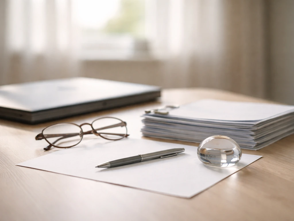 Documents, pen, and glasses on a minimal desk under natural light, symbolizing methodology and confidence.