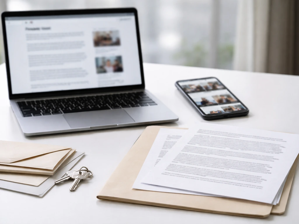 Minimal collage of blurred laptop, smartphone, and printed documents suggesting sources used for net worth estimates.