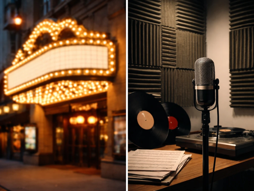 Split-scene: Broadway-style theater marquee glow and an anonymous radio-TV studio set, plus vinyl and sheet music.