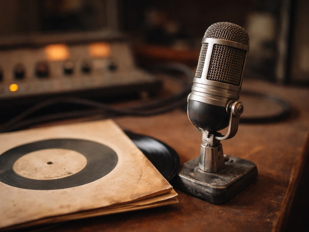 Vintage studio microphone and record artifacts on a quiet broadcast control-room desk.