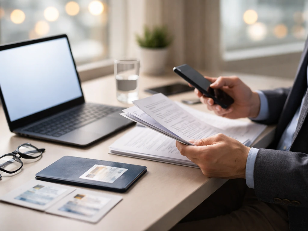 Anonymous professional at a desk reviewing documents and identity clues related to net worth verification