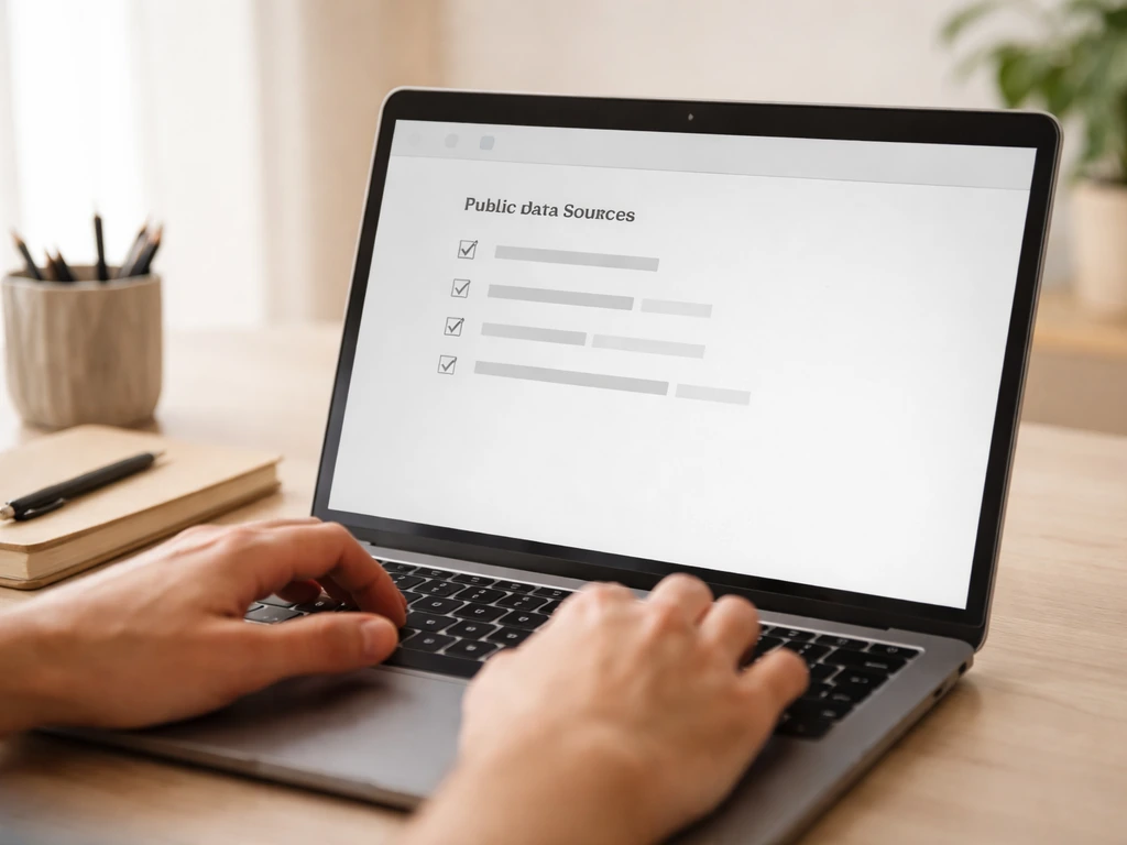 Hands typing next to a laptop displaying a simple checklist of public financial data sources.
