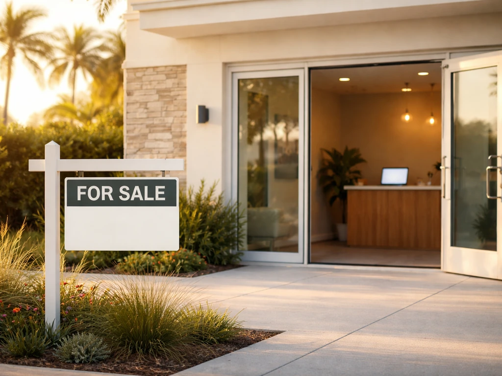 Florida real-estate brokerage office exterior with a subtle hint of online license verification context.