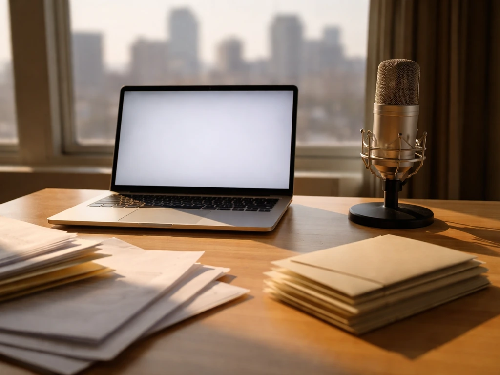 Minimal desk scene with microphone and laptop, symbolizing entertainment industry and finances for a net-worth article.