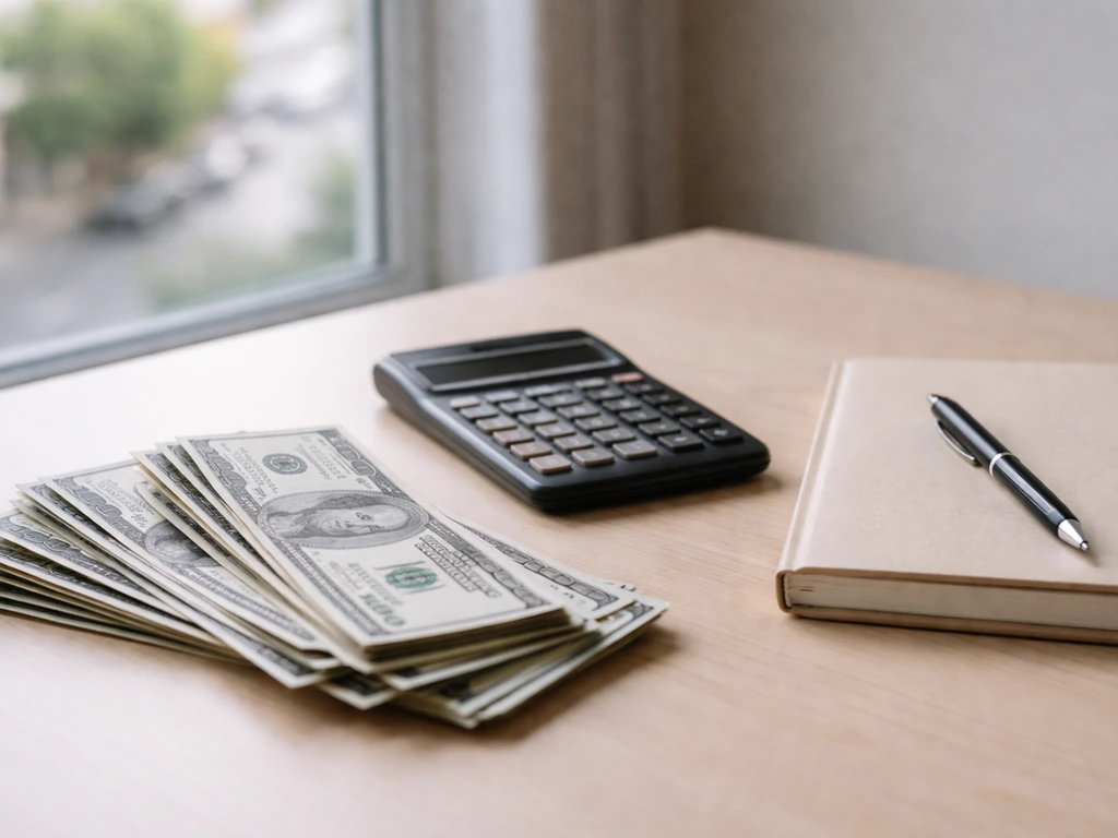Minimal photo of an anonymous desk setup with cash and a calculator suggesting a net worth range estimate.