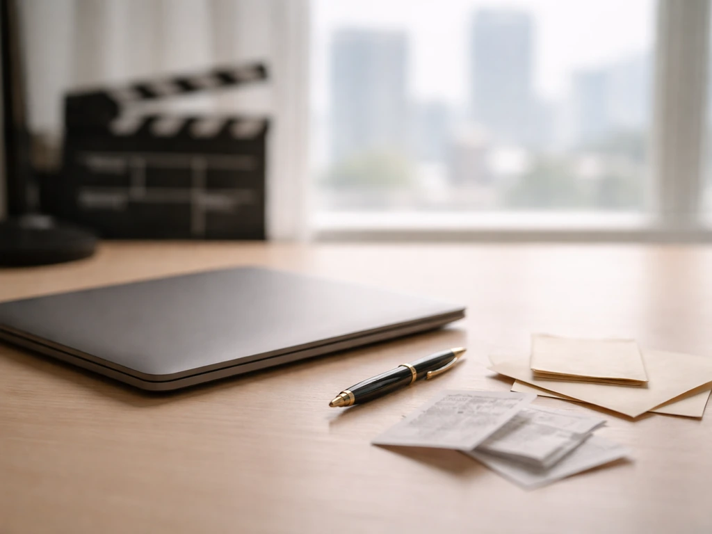Minimal desk scene with a closed laptop, pen, and scattered envelopes suggesting phased earnings analysis