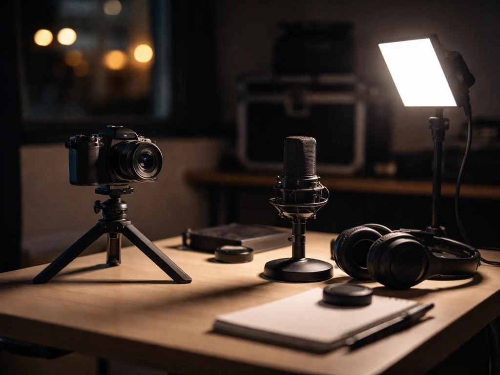 Small film production studio workspace with camera, microphone, and lighting gear at night.