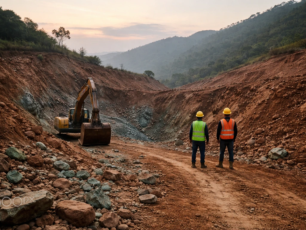 Open-pit emerald mine site in Colombia at dawn with anonymous workers near equipment