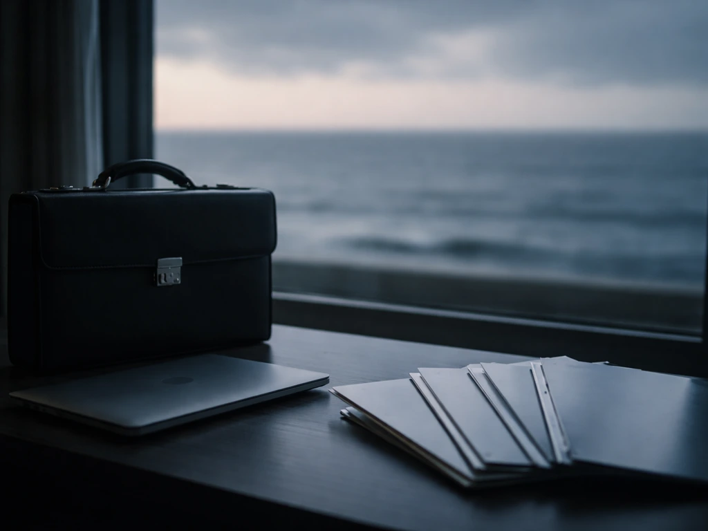 Briefcase and unmarked folders on a desk near a window with a seaside view, evoking offshore structures.