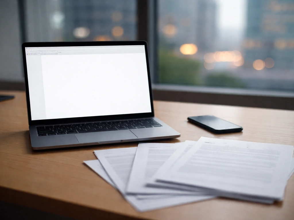 Minimal desk scene with a laptop, scattered documents, and a smartphone suggesting financial news comparison