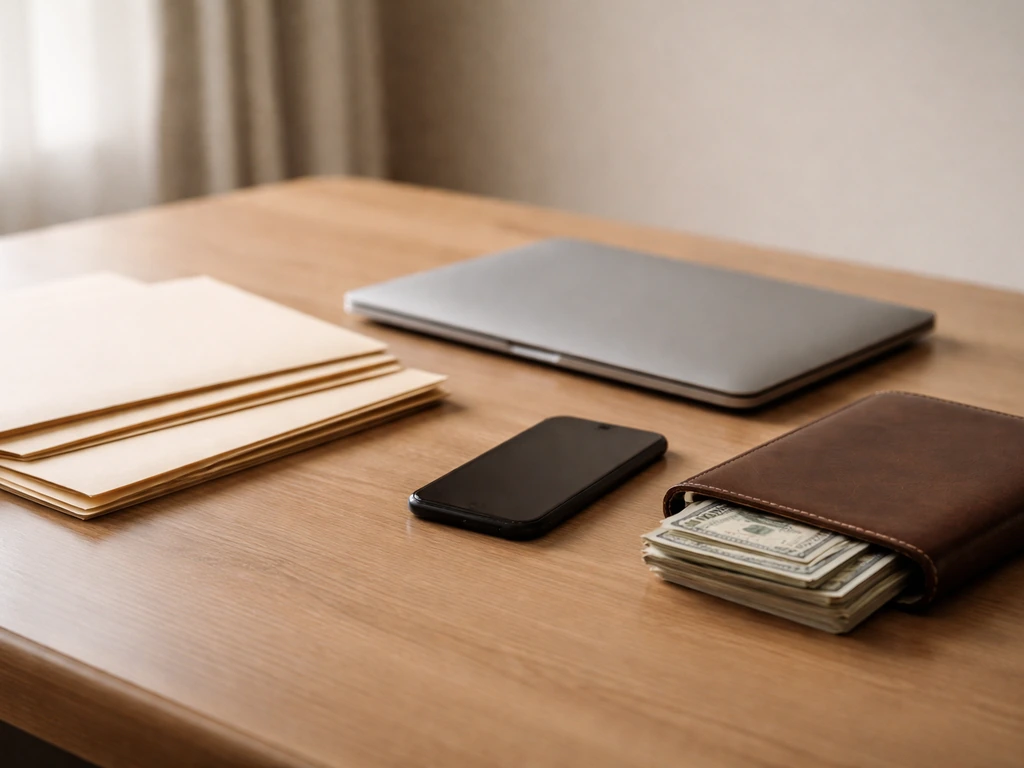 Minimal desk scene with three stacked folders and a cash-savings vibe for scenario-based net worth ranges
