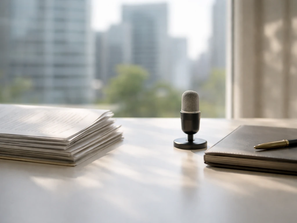 Finance documents and desk setup with blurred regulatory-paper texture and a microphone, symbolizing investment analysis