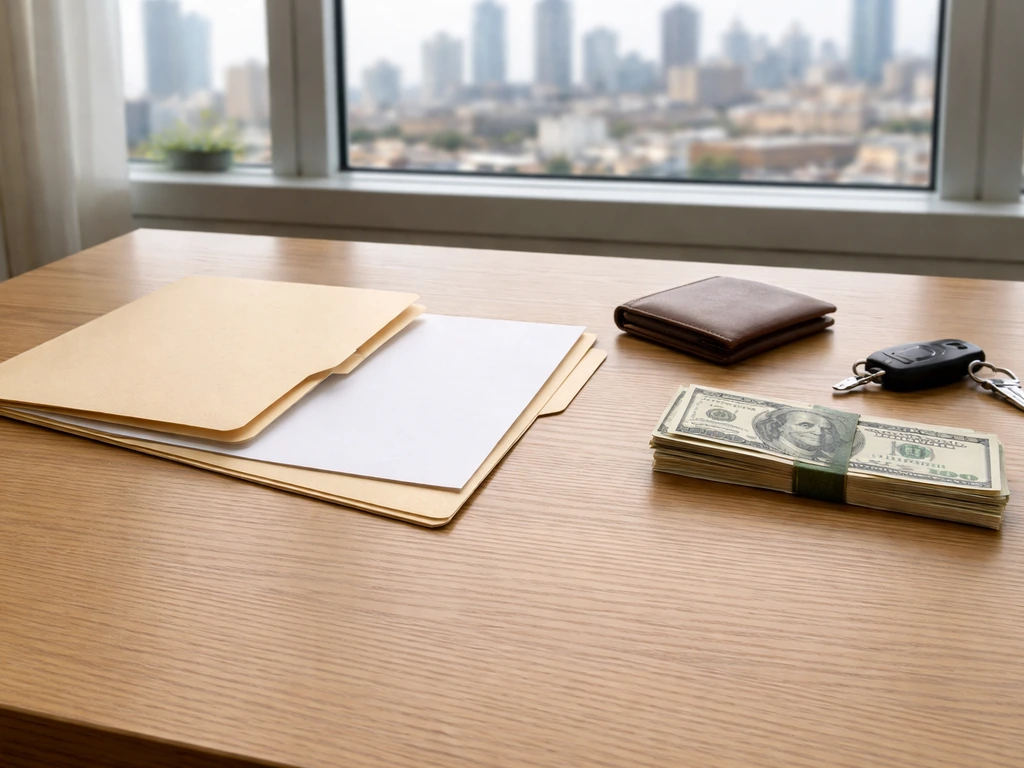 Minimal photo of a desk with scattered cash and a simple assets-vs-liabilities feel using folders, no text.