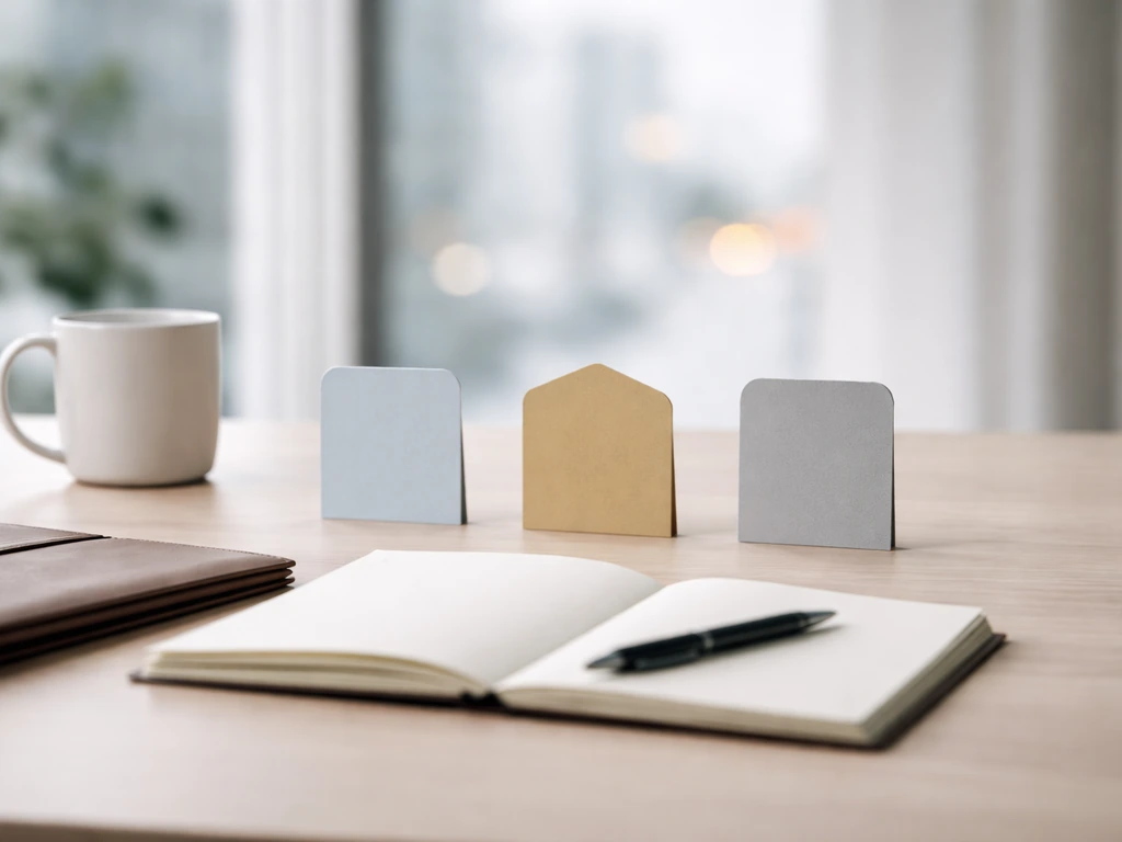 Minimal office desk scene with three small, distinct date-marker cards near business documents