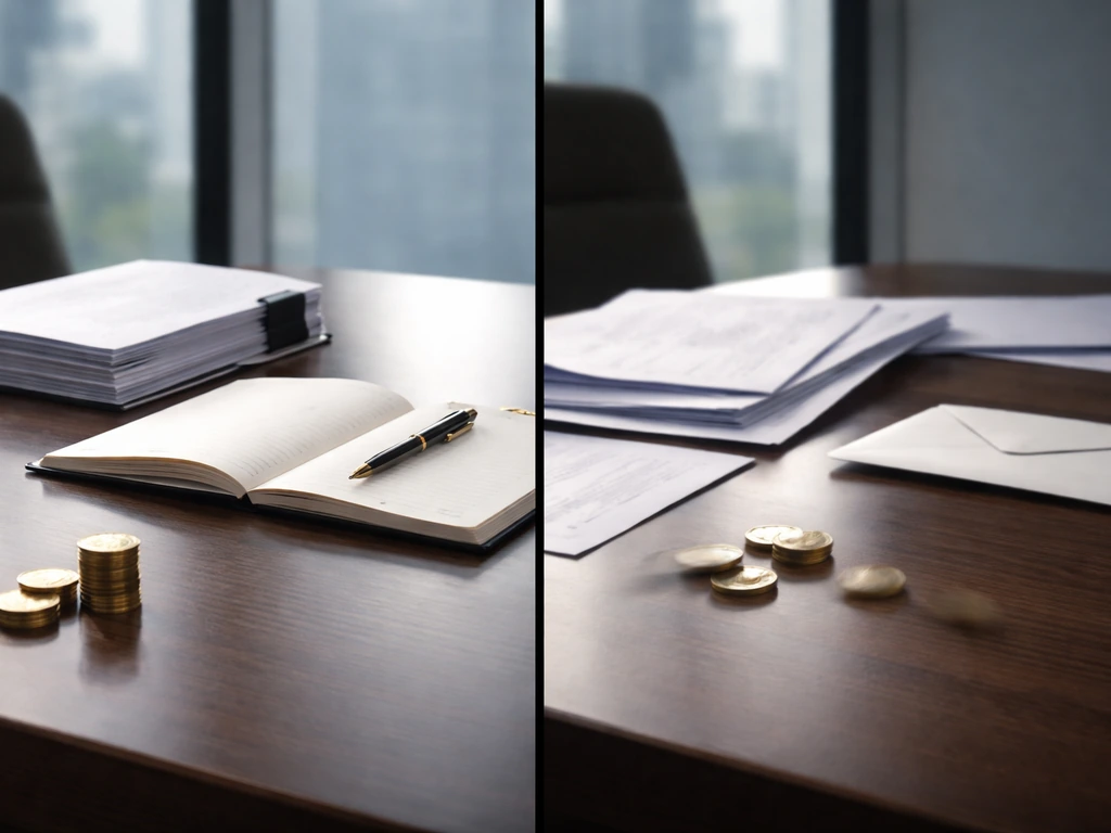 Split view of a calm desk with money cues, symbolizing growth on one side and outflow on the other