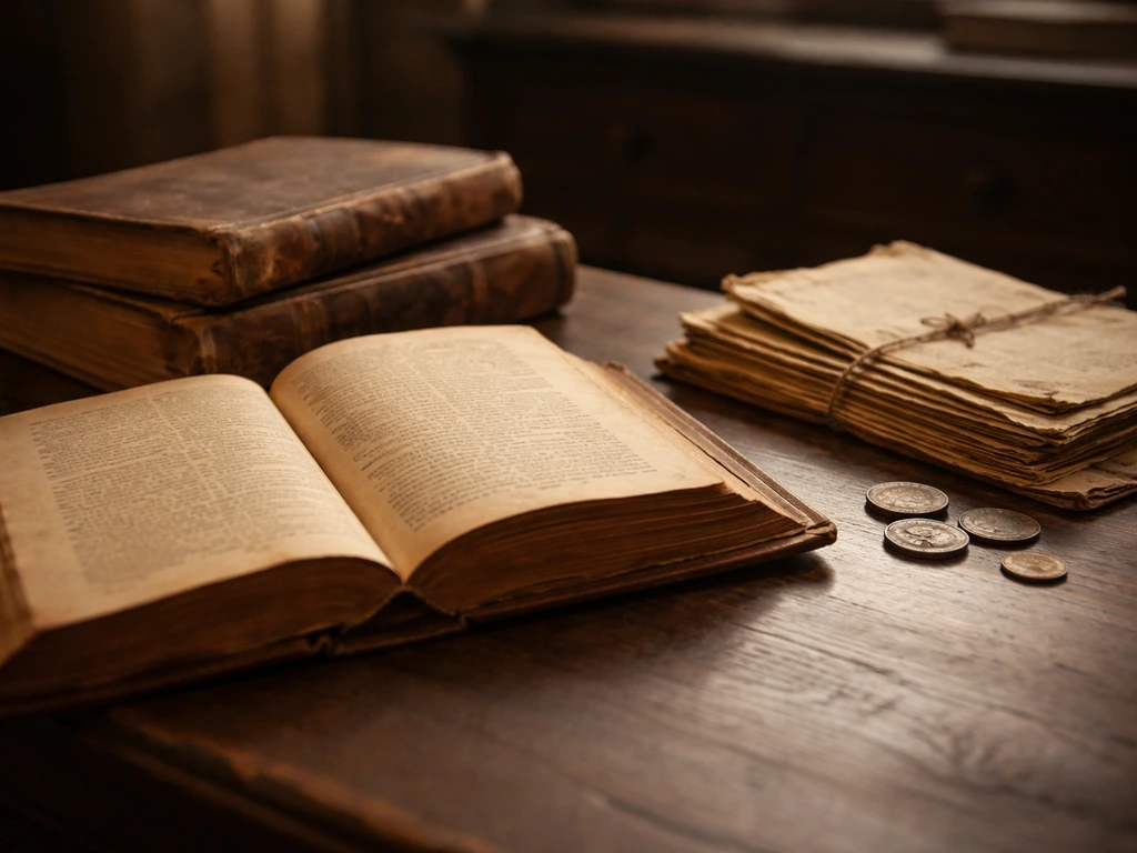 Open vintage books and handwritten-style documents beside old coins in muted archival lighting.