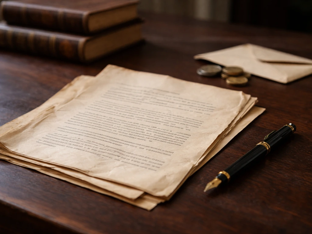 Close-up of aged publishing contract documents and a fountain pen on a wooden desk