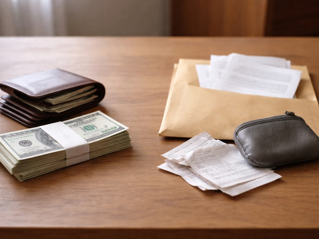Close-up of assorted cash, a wallet, and scattered bills beside an envelope with papers indicating inclusion vs exclusio