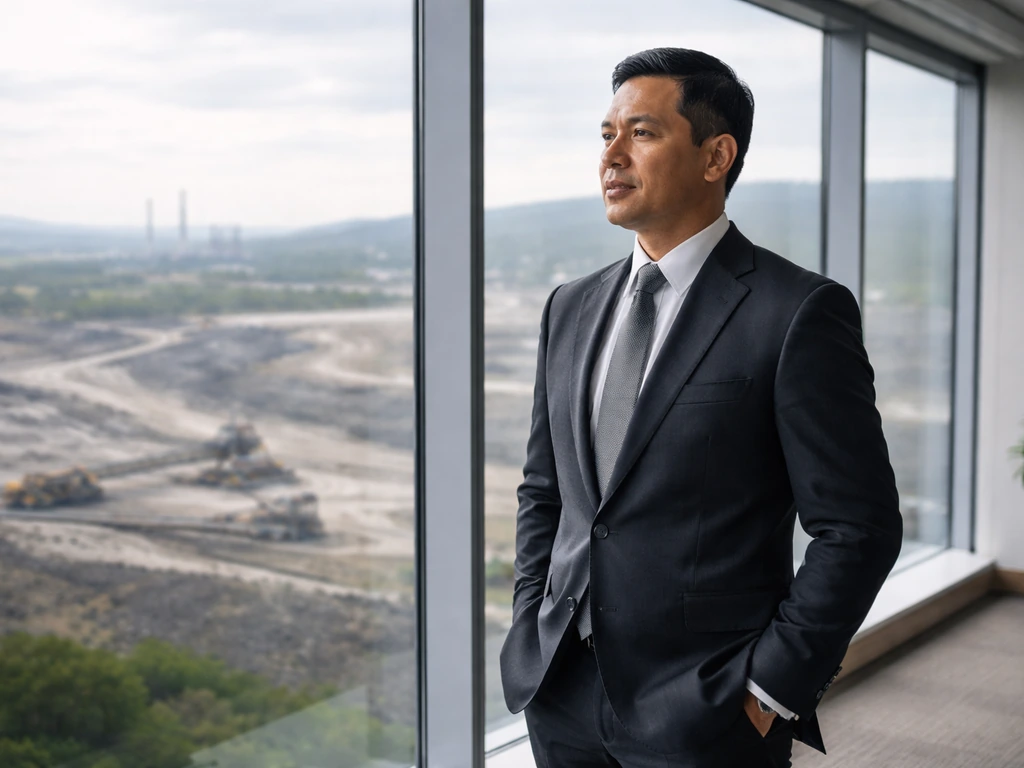 Anonymous executive in a dark suit in a modern office with industrial landscape visible through windows.
