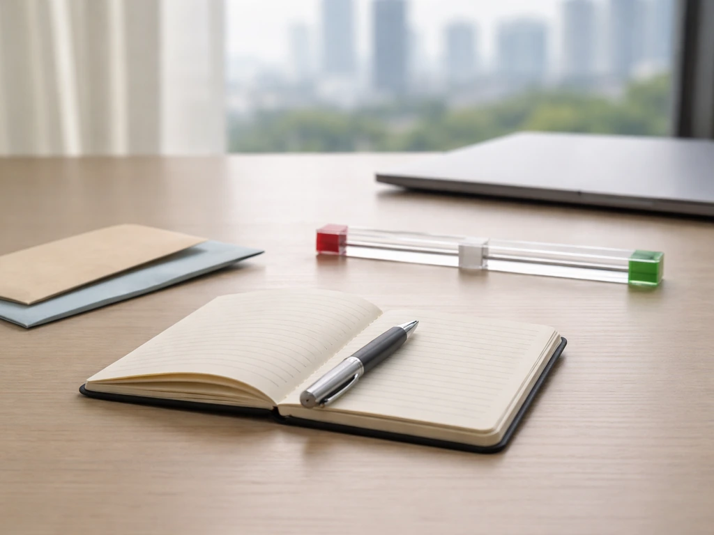 Minimal desk scene with range-like acrylic slider and notebook, symbolizing low-to-high estimates.
